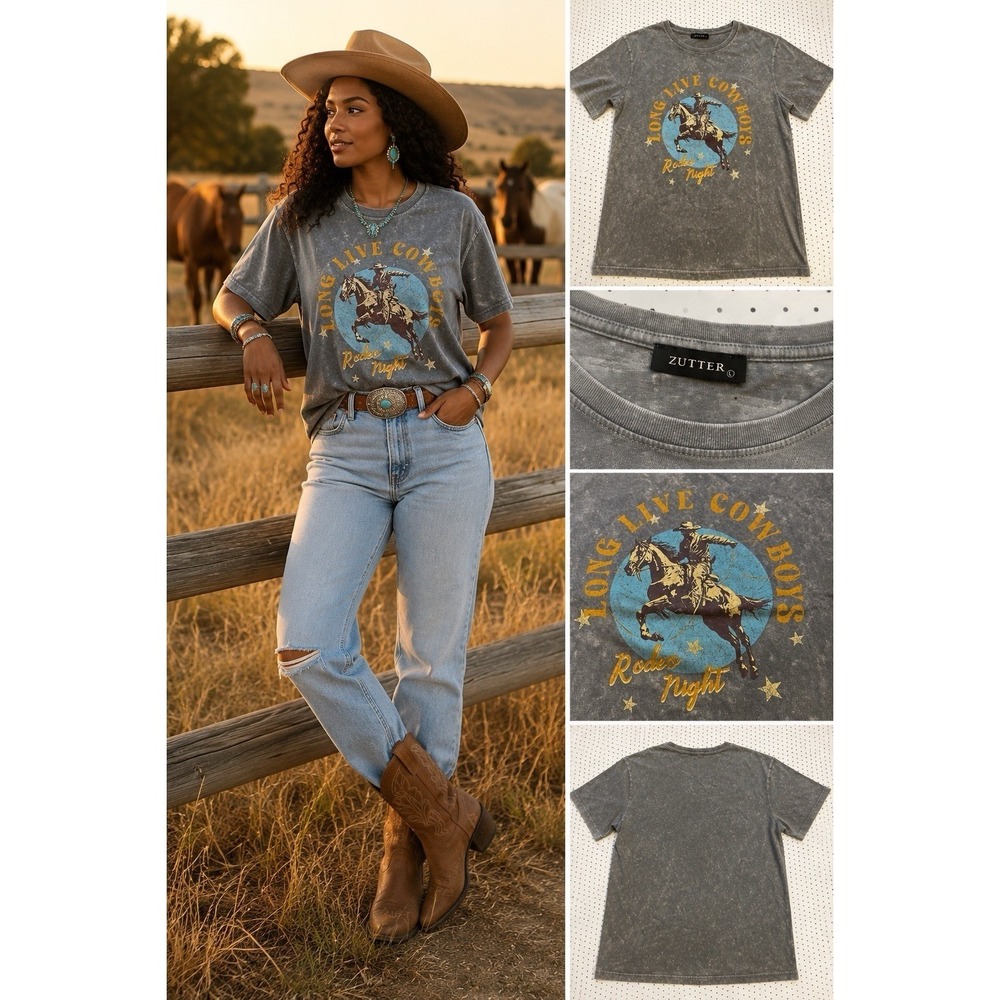 Zutter Long‎ Live Cowboys Rodeo Night Graphic Tee Gray Ranchcore Large